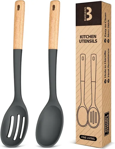 Vista 8 de Cucharas de cocina de silicona, excelentes para recoger guarniciones y servir guisos abundantes, de silicona mate libre de BPA, cuchara de servir