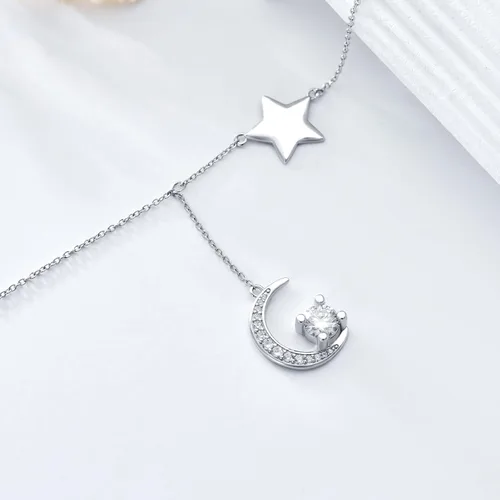 Vista 6 de WTYIM Collar de moissanita Y Lariat para mujer, chapado en oro blanco de 18 quilates, plata de ley 925, moissanita, diamante de luna y estrella