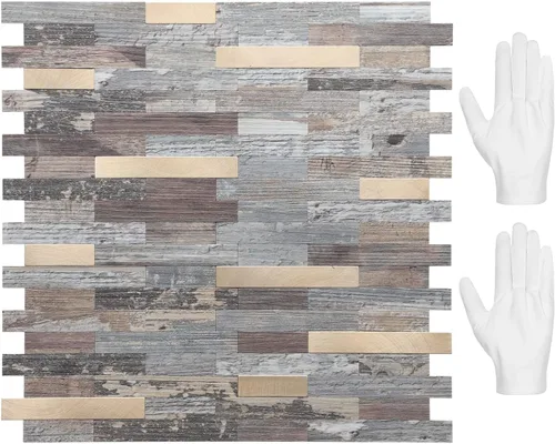 Vista 24 de STICKGOO Azulejo de protección contra salpicaduras para despegar y pegar, para cocina y baño, aspecto de madera negra y gris, PVC, mezcla de metal