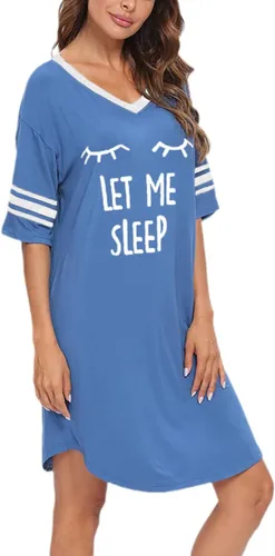 Vista 4 de Camisas de dormir para mujer, de manga corta, de algodón, con cuello en V, camisones de gran tamaño, lindo camisón estampado