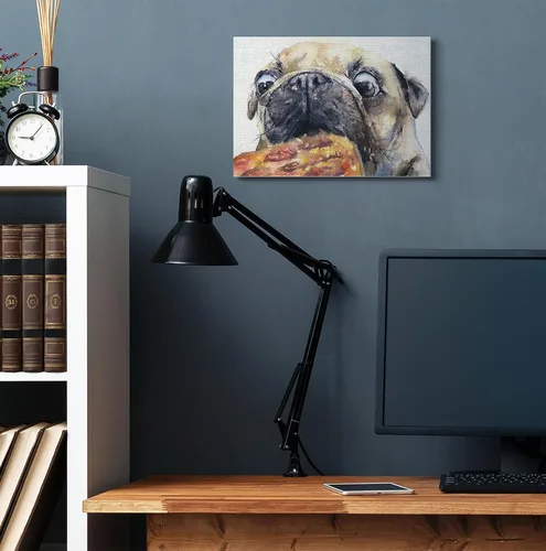 Vista 3 de Stupell Industries George Dyachenko - Pintura de acuarela de animales de mascota divertida de Pug and Pizza, arte en lienzo, 20 x 16 pulgadas, fácil
