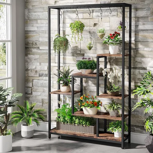 Vista 4 de LITTLE TREE Soporte alto para plantas de interior de 5 niveles, estante de metal grande de 70.9 pulgadas para macetas de bonsái, estante de Marrón
