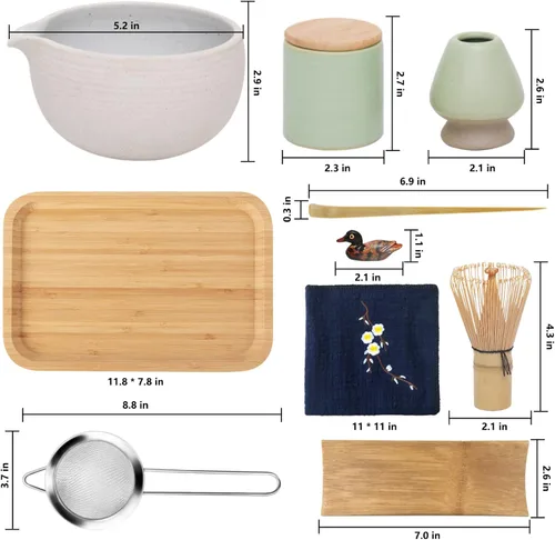 Vista 4 de Artcome Juego de té matcha japonés, cuenco de matcha con boquilla para verter, bandeja de té, batidor de bambú, soporte para batidor de cerámica