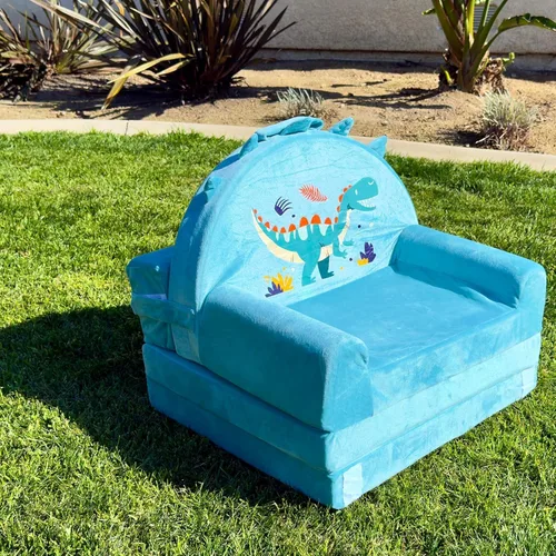 Vista 2 de Sofá cama de dinosaurio para niños con funda extraíble lavable y respaldo de cinta mágica - Silla plegable para niños pequeños, cómodos muebles