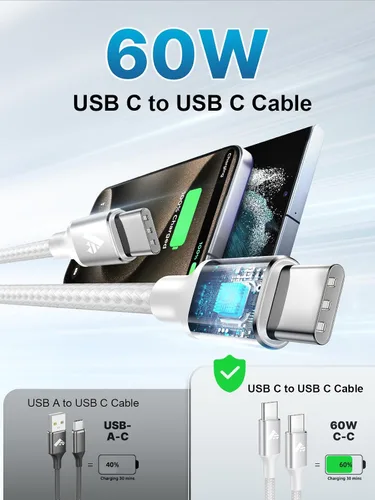 Vista 2 de Aioneus Cable USB C a USB C de 60 W, 6 pies, cable C a C, cable de carga rápida para iPhone17, cargador USB tipo C, cable de carga trenzado USBC a