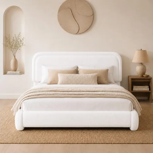 Vista 12 de Kelway - Base de cama tamaño Queen Boucle tapizada con cabecera curvada ajustable, no necesita somier, color beige