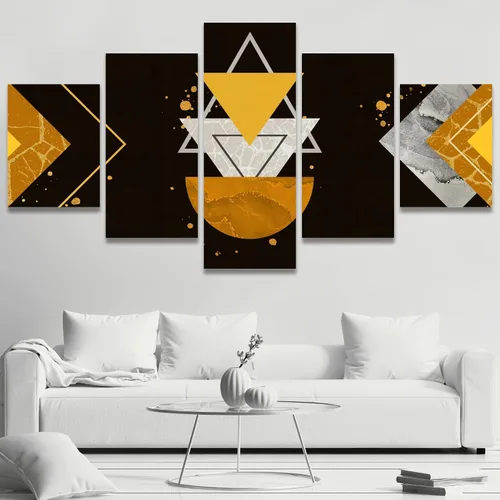 Vista 4 de SIGNWIN Lienzo grande para pared, efecto geométrico de mármol, triángulo dorado, polígono, paisaje, formas abstractas, arte digital, arte moderno
