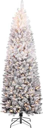 Vista 16 de Yaheetech Árbol de Navidad de Abeto Tipo Lápiz Preiluminado con Nieve Artificial de 6 pies con Bisagras, Árbol de Navidad Delgado para Esquina Negro