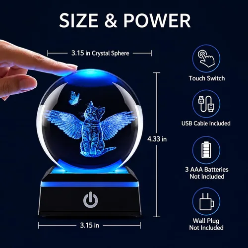 Vista 4 de Bola de cristal 3D con forma de gato y luz nocturna, regalos para mujeres, esposa, novia, niños, lámpara de cristal de 3.15 pulgadas, decoración