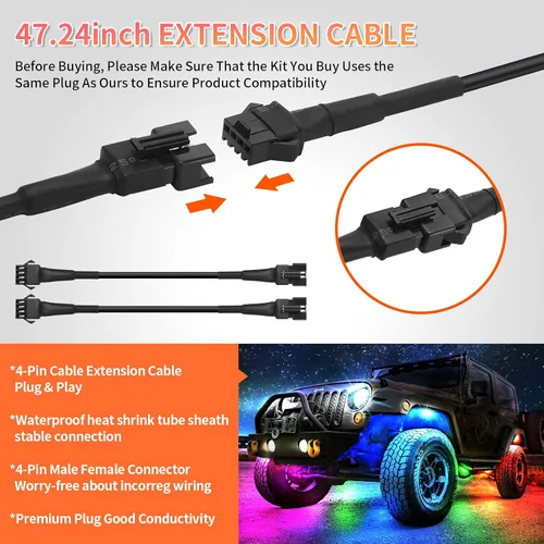 Vista 6 de 4 cables de extensión de luces LED RGB de 47 pulgadas/3.93 pies, cable de cable de 4 pines, conector a presión, luces subterráneas, multicolor