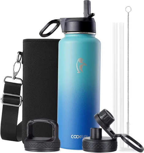 Vista 110 de Coolflask Botella de agua de 20 onzas aislada con pajilla, 3 tapas de metal de acero inoxidable, botella de agua de boca ancha para deportes u