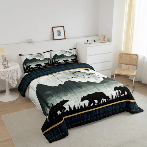 Vista 5 de Juego de edredón de oso rústico tamaño individual para mujeres adultas, ropa de cama con estampado de oso salvaje y animales salvajes, relleno