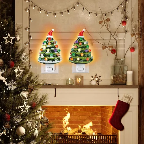 Vista 8 de Luz nocturna de cerámica para árbol de Navidad, paquete de 2 luces nocturnas de Navidad con enchufe de 6.3 pulgadas, árboles de Navidad de cerámica