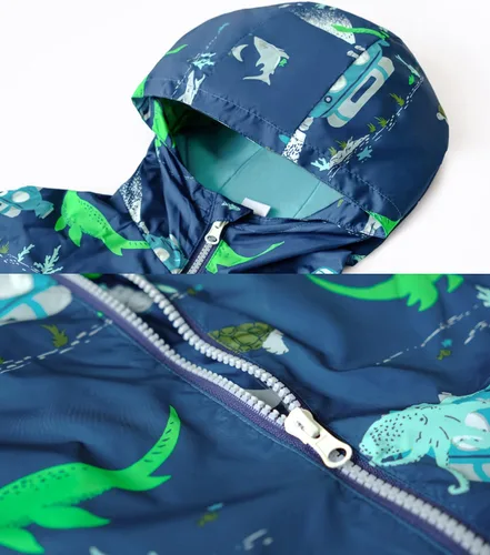 Vista 5 de TLAENSON Chaqueta de lluvia para niños, chaqueta de dinosaurio, impermeable, ligera, rompevientos con capucha