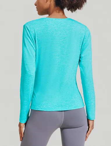 Vista 2 de Pinspark Camisetas de manga larga para mujer, camisetas de entrenamiento, cuello en V, parte delantera torcida, senderismo, yoga, correr, camiseta