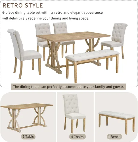 Vista 107 de Juego de mesa de comedor vintage de 6 piezas, juego de mesa de comedor de cocina de madera maciza con 4 sillas ergonómicas acolchadas y banco, mesa