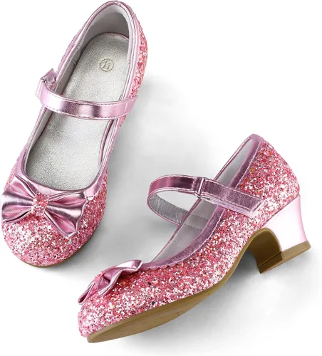 Vista 2 de K KomForme Mary Jane - Zapatos de vestir para niña, con purpurina de 1.5 pulgadas, tacón bajo, para boda, fiesta, princesa, zapatos para niños