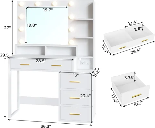 Vista 5 de Tiptiper - Tocador de maquillaje blanco con 10 bombillas, mesa de tocador moderna con espejo y 3 modos de iluminación, mesa de maquillaje con 2
