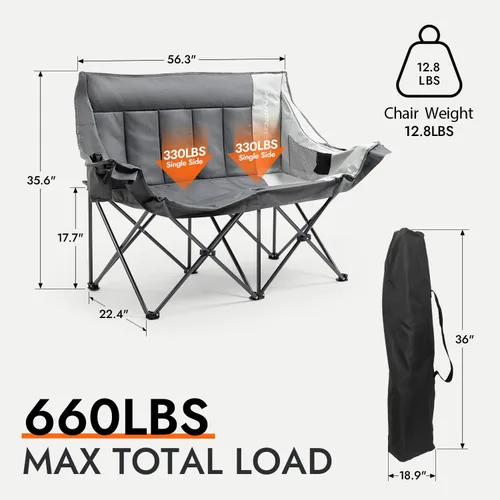 Vista 2 de Dowinx Silla de campamento doble, sofá biplaza plegable de gran tamaño con asiento acolchado, silla de césped portátil resistente de 660 libras