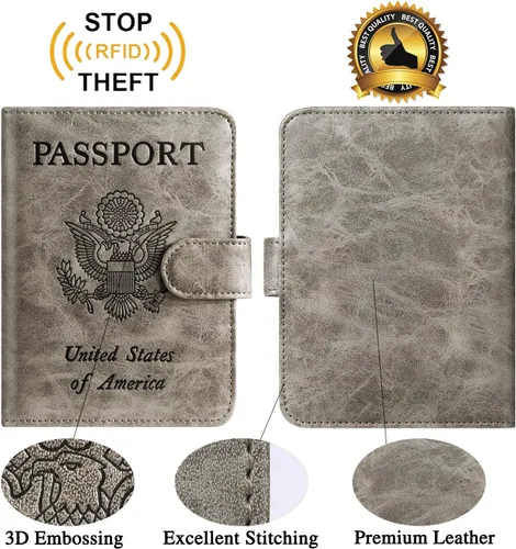 Vista 2 de Funda para pasaporte de piel con bloqueo RFID, accesorios de viaje para mujeres y hombres, gris), 43528-18280