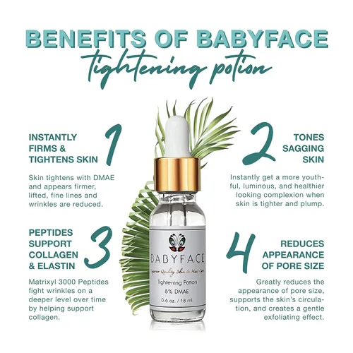 Vista 6 de Babyface Suero de apriete instantáneo, extra fuerte 8% DMAE para un máximo ajuste, refinación de poros, reafirmante facial, antienvejecimiento.