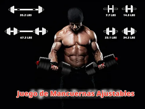Vista 5 de Juego de mancuernas ajustables de 66 libras, mancuernas de peso libre con barra de conexión utilizadas como barra, para hombres y mujeres, gimnasio