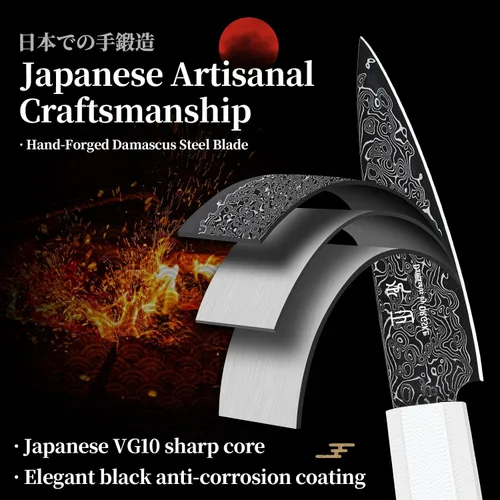 Vista 3 de DRGSKL Cuchillo de fruta de Damasco de 3.5 pulgadas - Cuchillo de pelar VG10 para corte de precisión - Cuchillos de cocina pequeños con mango