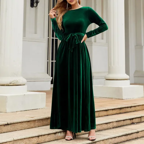 Vista 4 de Vestido largo para mujer, primavera, otoño e invierno, elegante, estilo temperamento, terciopelo dorado, liso, vestido largo para mujer