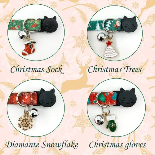 Vista 4 de Juego de collar de gato de Navidad, collares ajustables para gatos con campanas y dijes, 4 unidades por juego