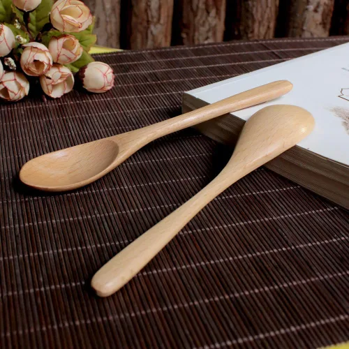 Vista 4 de MEIYAHOME - 2 cucharas de madera de haya natural, 6 pulgadas, cuchara de café, cuchara de postre, cuchara de té, agitadores de madera para mezclar