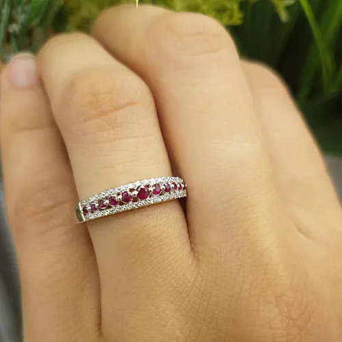 Vista 3 de Dazzlingrock Collection Round Gemstone or Diamond & White Diamond Triple Row Anniversary Ring for Women in Gold