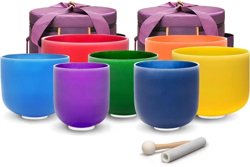Vista 10 de TOPFUND Juego de 3 cuencos de cristal de color (8 pulgadas F+7 pulgadas C + 6 pulgadas) 432 Hz con funda de transporte resistente y mazos 432Hz