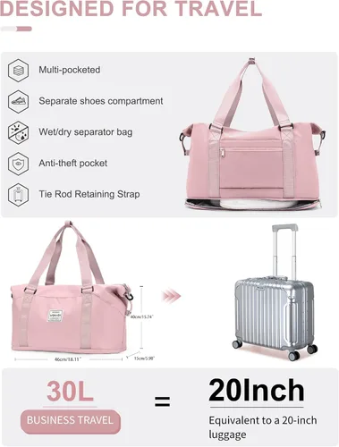 Vista 3 de Bolsa de viaje para mujeres y hombres, bolsa de fin de semana, S4-rosa