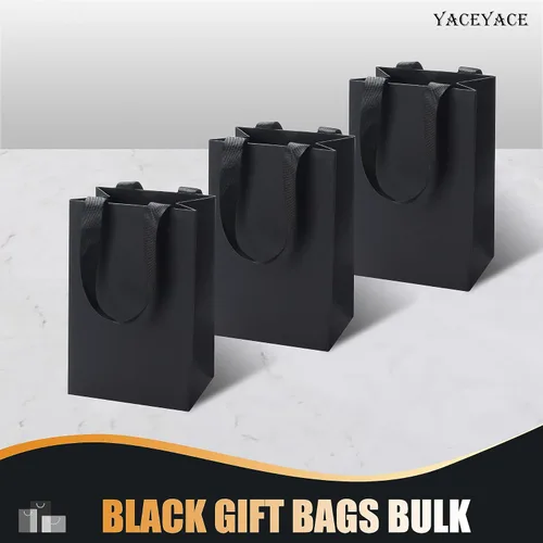 Vista 6 de Bolsas de regalo negras con asas, 10 bolsas de papel kraft de 5.25 x 3.75 x 8 pulgadas para bodas, fiestas, negocios, venta al por menor Negro