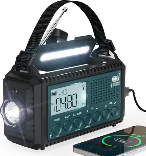Vista 14 de Radio de Emergencia 12000, Radio Meteorológica NOAA con AM/FM/NOAA/SW, Radio Operada por Batería SOS, Radio de Emergencia de Manivela Manual con 5