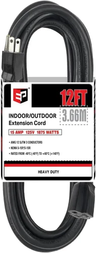 Vista 9 de EP 50 Ft Heavy Duty Outdoor Extension Cord, 12/3 SJTW Black 3-Prong Negro