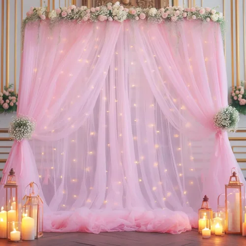 Vista 12 de Cortina de telón de fondo de tul azul bebé de 10 x 8 pies con cadena de luces para fiestas, cortinas de fondo transparentes para bodas, baby shower