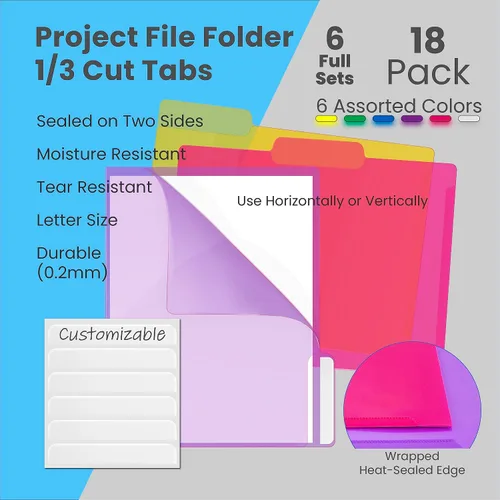 Vista 2 de Better Office Products Poly Project - Bolsillos para documentos, paquete de 18, pestañas de corte de 1/3, fundas de plástico para papel