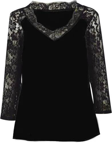 Vista 3 de Blusas sexys para mujer, cuello en V, elegante, encaje de manga 34, talla grande, costuras de pestañas, camisetas casuales