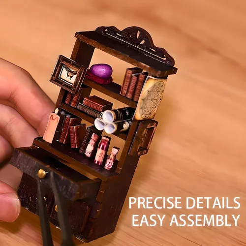 Vista 6 de Kit de rincón de libros en miniatura para bricolaje, biblioteca de sueños académicos con luz LED, rompecabezas de diorama de sujetalibros de madera