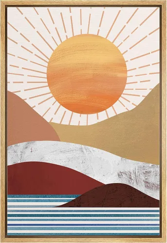 Vista 35 de bestdeal depot Lienzo enmarcado para pared, arte geométrico de sol y montaña, reflejo del mar, naturaleza, ilustraciones de área silvestre, arte