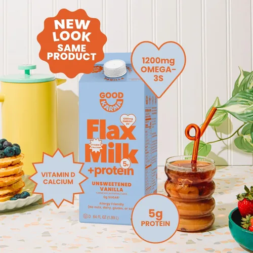 Vista 3 de Good Karma Leche de Lino de Vainilla Sin Azúcar +Proteína, 64 Onzas, 5g Proteína Vegetal + 1200mg Omega-3 Por Porción, Alternativa de Leche No