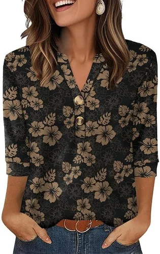 Vista 12 de OFEEFAN - Camisetas de manga 3/4 estilo Henley para mujer, blusas de moda de otoño 2025, atuendos escolares para maestras Raya