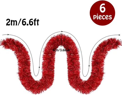 Vista 4 de Boao Guirnalda de oropel rojo de Navidad de 39.6 pies para decoración de árbol de árbol con purpurina metálica brillante, decoración colgante