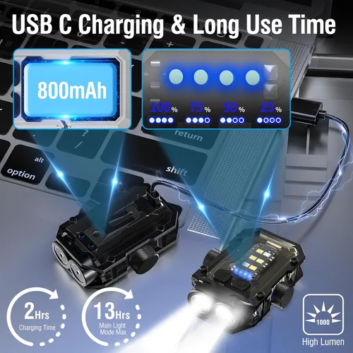 Vista 5 de N11 Clip magnético mini EDC linterna 1000 lúmenes, llavero linternas 8 modos de bolsillo luz flash con luces blancas rojas azules pequeña linterna