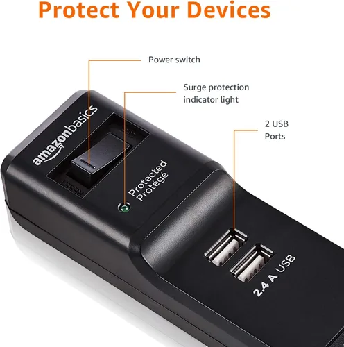 Vista 3 de Amazon Basics Regleta de protección contra sobretensiones con 6 tomas, 2 puertos USB, 1000 julios, cable de 6 pies de longitud, color negro