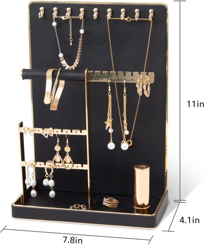 Vista 3 de KAMIER Organizador de joyas, soporte para collares, estante colgante de 4 niveles con bandeja para aretes y agujeros. Torre de joyas para aretes