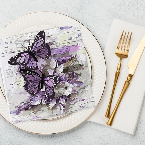 Vista 6 de AnyDesign 80 servilletas de papel de mariposa desechables de mariposas moradas, servilletas de almuerzo, estilo pintura al óleo, postre y cena