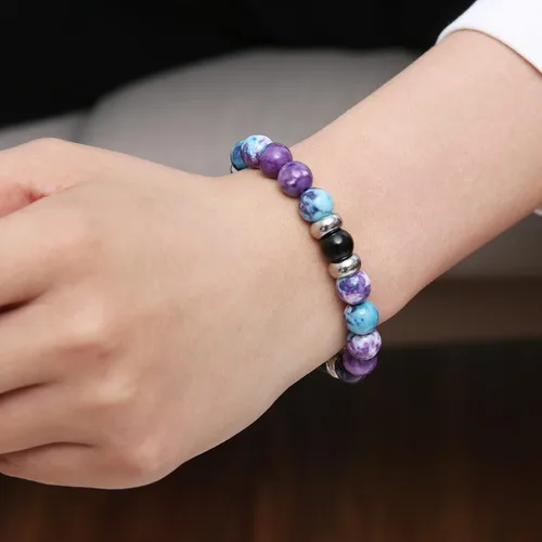 Vista 4 de HZMAN Beaded Bracelets for Men Women 10mm Natural Lava Rock Black Onyx Tiger Eye Stone Hematite Beads Bracelet Relief Anxiety Yoga Bracelet Elastic