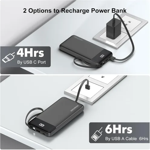 Vista 3 de penaover Cargador Portátil 10000mAh Power Bank con Cable Incorporado, 5 Salidas 2 Entradas Esencial de Viaje Paquete de Batería Externa con Pantalla